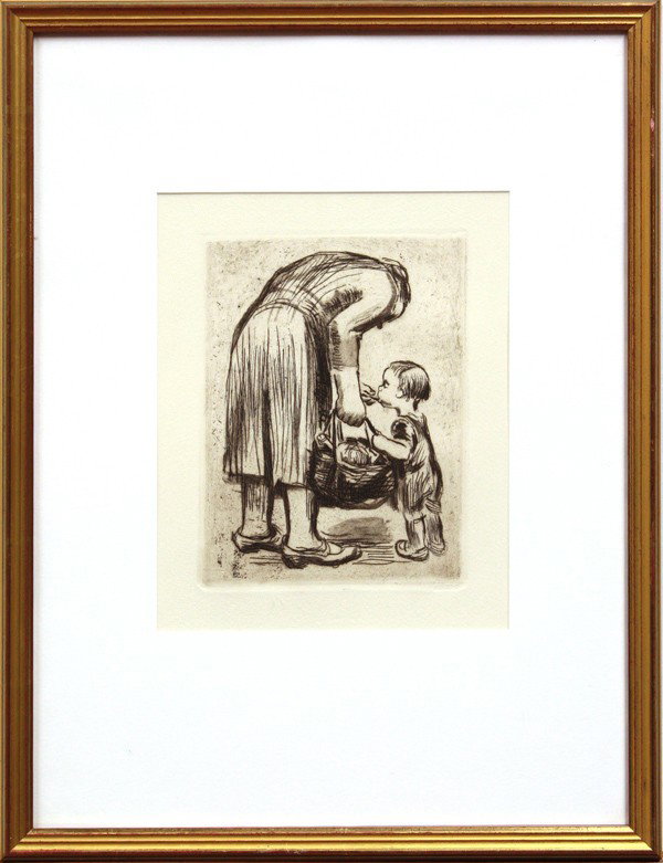 Etching, by Kathe Kollwitz, Frau: Framed etching, Mother feeding her child, by Kathe Kollwitz (German, 1867-1945), with the blindstamp of A. von der Becke at lower right, fourth state of four, image: 7.5''h x 5.75''w, overall: 18.5''h