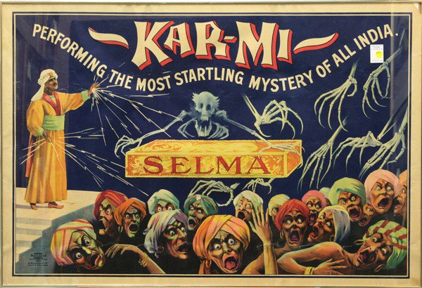 Magic poster, Kar-Mi Selma: Framed color lithograph poster, ''KAR-MI SELMA, Performing the Most Startling Mystery of All,'' 1914, copyrighted by Joseph B. Hallworth (Chicago, IL), overall: 28.5''h x 41.25''w
