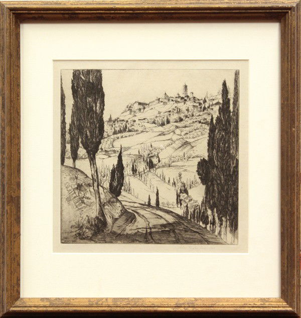 Etching, John Taylor Arms, Town in the Clouds: Framed etching, The Town in the Clouds, 1927, by John Taylor Arms (American, 1887-1953), pencil signed and dated ''John Taylor Arms, 1927'' from the edition of 100, image: 8''h x 8.25''w, overall: 14'