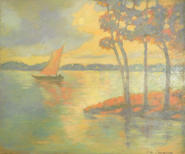 Painting, Ferdinand du Puigaudeau: Unframed oil on board, Sailing at Sunset, by Ferdinand du Puigaudeau (French, 1864-1930), signed ''F. du Puigaudeau lower right, board: 8.5''h x 10.25''w