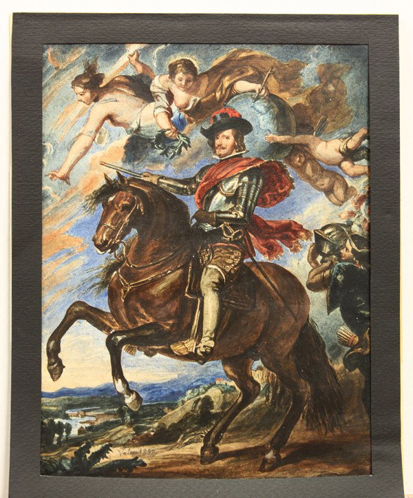 Painting, after Zacarias Velazquez, Philip IV: Unframed watercolor, Portrait of Philip IV, after Zacarias Velazquez (Spanish, 1763-1834) signed ''Vela'' and dated ''1889'' lower left, sight: 8.75''h x 6.75''w, overall: 10''h x 8''w