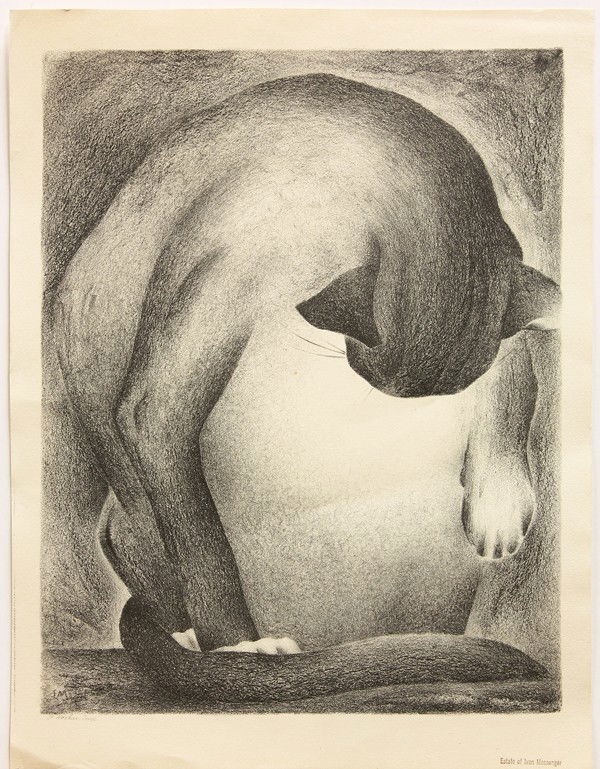 Lithograph, Ivan Messenger, Cat: Unframed lithograph, Cat, by Ivan Messenger (Californian, 1895-1983), estate stamped lower right, initialed ''IM'' within stone, pencil signed by printer lower left, image: 13''h x 10.5''w, overall: 1