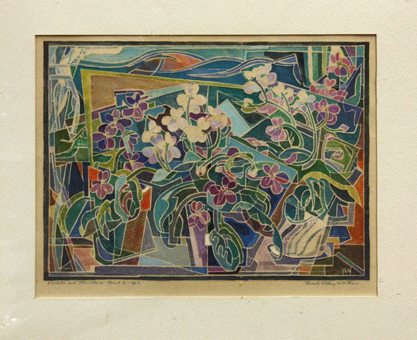 Woodcut, Ferol Sibley Warthen, Violets: Unframed woodcut, ''Violets and Mountains-Print 2'', 1966, by Ferol Sibley Warthen (American, 1890-1986), signed ''Ferol Sibley Warthen'' lower right, titled lower left, image: 11''h x 15''w, overall: