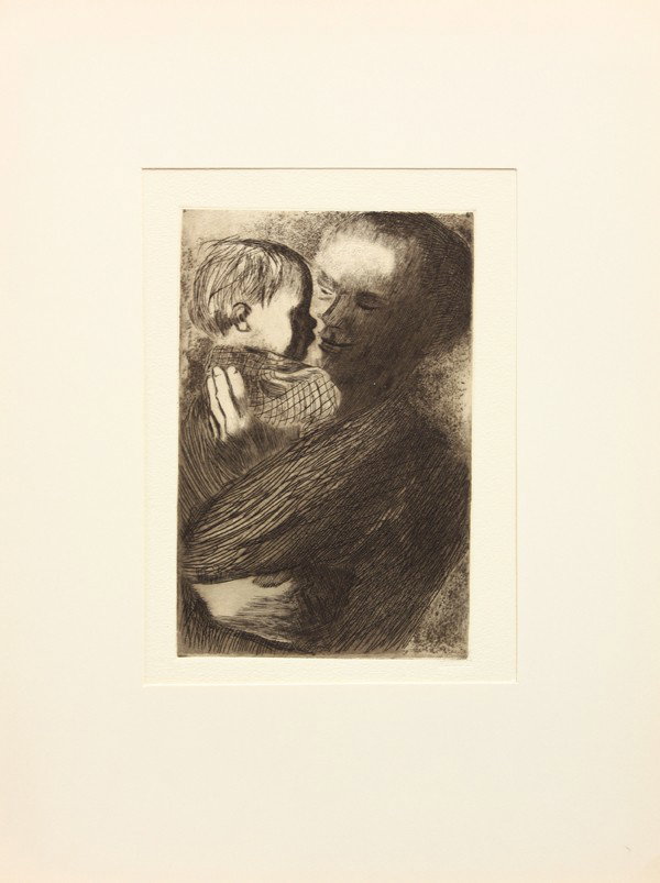 Etching, Kathe Kollwitz, Mutter mit Kind: Unframed etching and aquatint, ''Mutter mit Kind auf dem Arm,'' 1910, by Kathe Kollwitz (German, 1867-1945), with the blindstamp of A. von der Becke at lower right, image: 8''h x 5''w, paper: 14''h x 