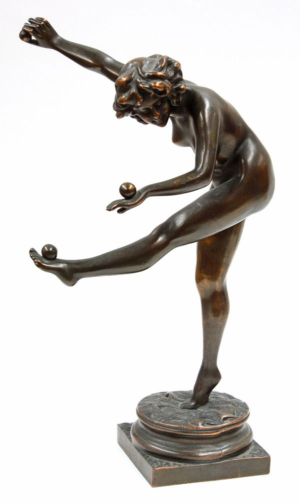 Bronze, after Claire Jeanne Roberte Colinet: Bronze sculpture, ''The Juggler,'' after Claire Jeanne Roberte Colinet (Belgian, 1880-1950), unsigned, circa 1920, overall: 21.25''h x 8.5''w x 12.5''d