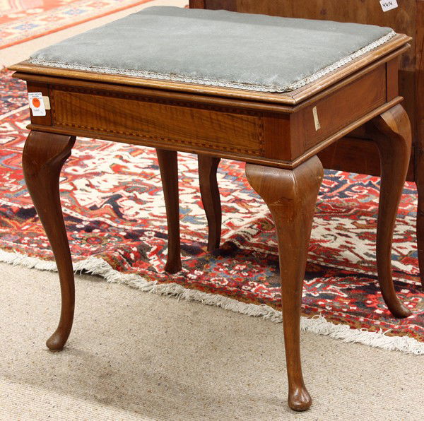 Chippendale style sewing stool: Chippendale style inlaid sewing stool, the hinged top opening to an open interior with a felt lined base, the apron with inlaid banding and rising on cabriole legs, 24''h x 24''w x 18''d