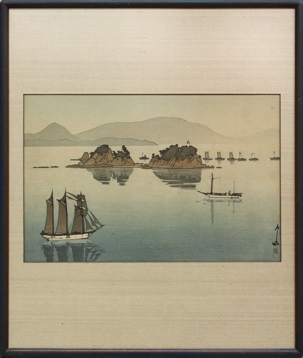 Japanese Modern Print, Hiroshi Yoshida: Framed Japanese modern woodblock print, entitled Nabeshima, from the Inland Sea series, the left margin dated Showa 5 (=1930) and with the two-character jizure seal, signed in pencil Hiroshi Yoshida (