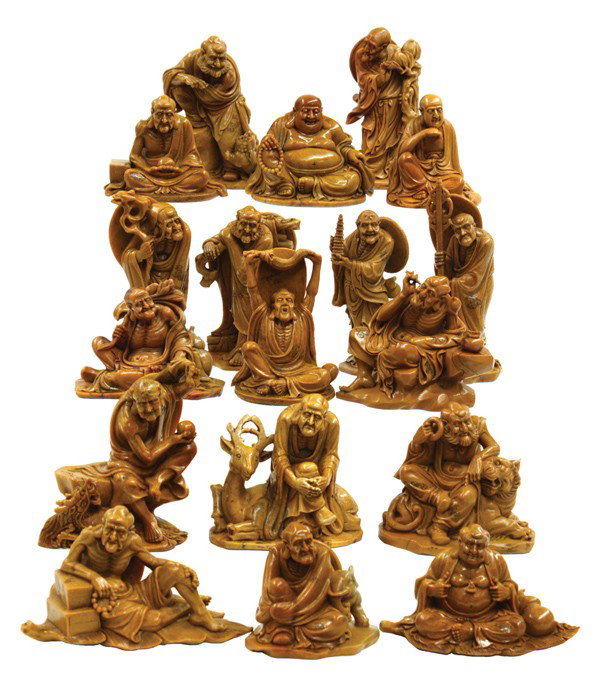 Set Chinese Soapstone 18 Luohan Figures: Set of Chinese soapstone figural carvings of the eighteen luohan, each of the Buddhist disciples fashioned with prominent individualized facial features, wearing floral inscised monastic robes and acc