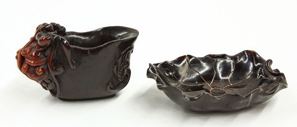 Chinese Horn Cup and Brush Washer: (Lot of 2) Chinese horn carvings, the first a shallow libation cup with a pair of bats below the pouring edge, the opposing handle formed by a chilong climbing up over a cluster of lingzhi, portions o