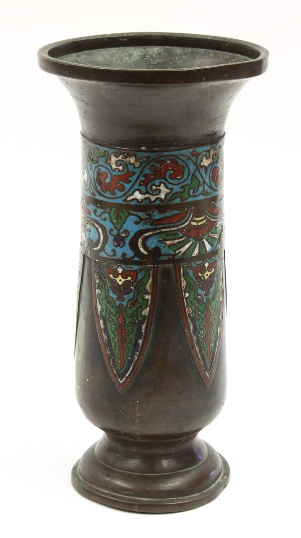 Japanese Champleve Enamel Vase: Japanese champleve enamel decorated vase, Meiji/Taisho period, the cylindrical body cast with lappet bands accented with turquoise, red, blue and white enamels under two registers of foliate tendrils