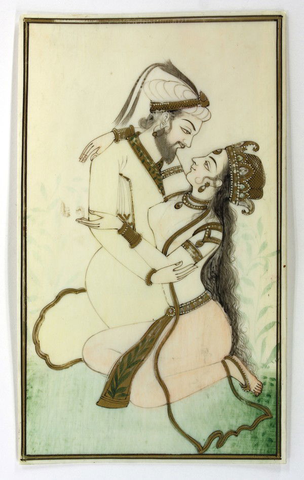 East Indian Ivory Painting of Lovers: East Indian ivory painting of lovers, depicting Shah Jahan embracing his third wife Mumtaz Mahal, executed in ink, gilt and light color on a rectangular ivory plaque, unframed, 5.3''h x 3.25''w