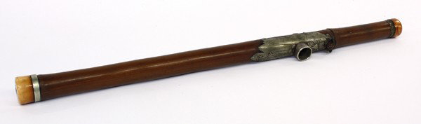 Chinese Bamboo and Metal Opium Pipe: Chinese mixed medium accented bamboo pipe, the long slender shaft with a small node fashioned as a frog seated in front of a metal fitting shaped as a butterfly and the characters 'Huang Zhong', the p