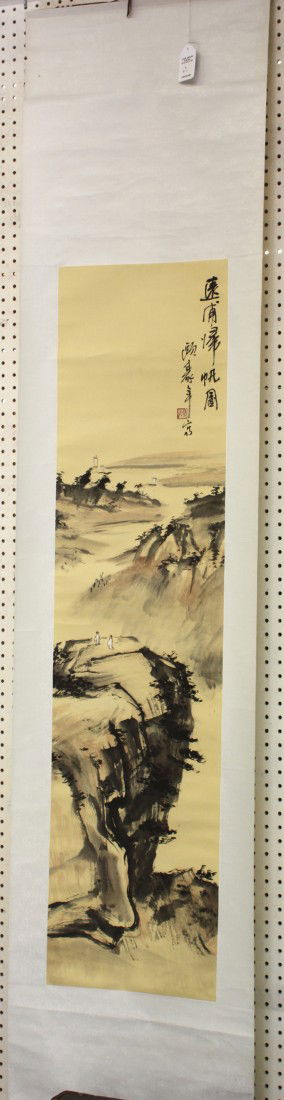 Chinese Scroll, Ou Haonian (after), Landscape: Chinese hanging scroll, ink and color on paper, Figures Watching Sails in the River, after Ou Haonian, the upper right entitled 'yuan pu jing fan tu', bearing a signature and one seal, sight: 54''h x