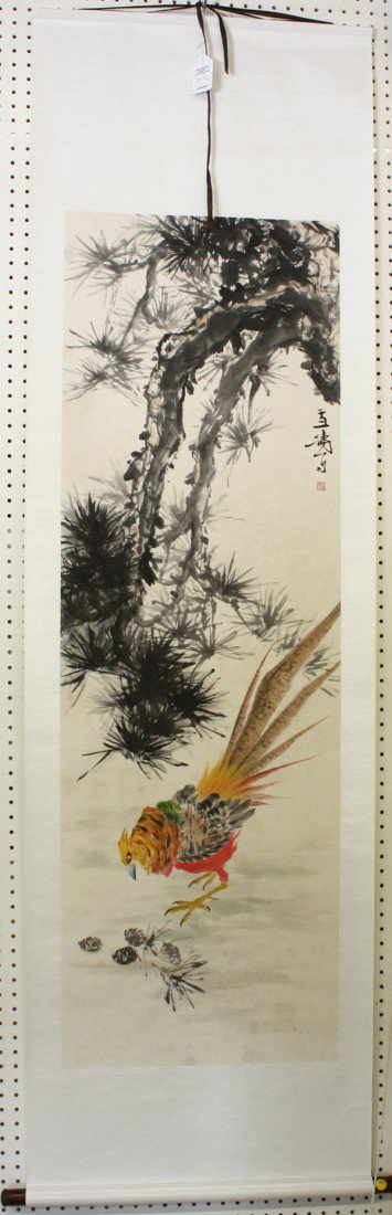 Chinese Scroll, Wang Xuetao, Pheasant: Chinese hanging scroll, ink and color on paper, Pheasant and Pine, after Wang Xuetao (Chinese, 1903-1982), the right bearing the signature 'Xuetao' along with one seal, sight: 57.5''h x 19''w, overall