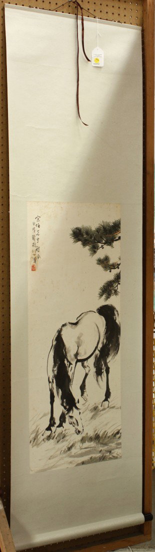 Chinese Scroll, Xu Beihong (after), Horse: Chinese hanging scroll, Horse, after Xu Beihong (1895-1953), the upper left inscribed with a dedication colophon, cyclical year 'jiaxu', bearing the signature 'Beihong' and with one seal, sight: 38''h