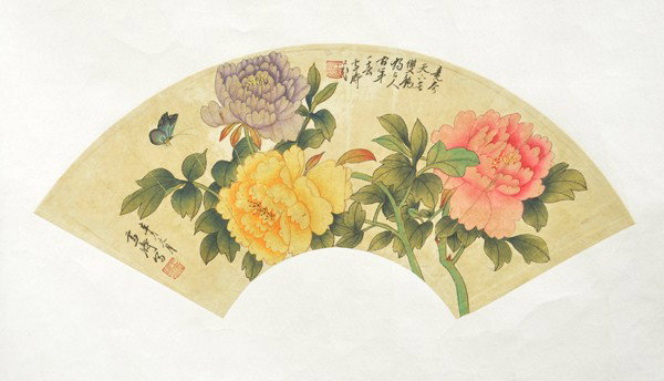 Chinese Fan, Wang Xuetao (after), Flower: Unmounted Chinese fan painting, Peonies and Butterfly, after Wang Xuetao (Chinese, 1903-1982), the upper and left with inscriptions bearing the signatures 'Xuetao', with cyclical date 'xinhai' and wit