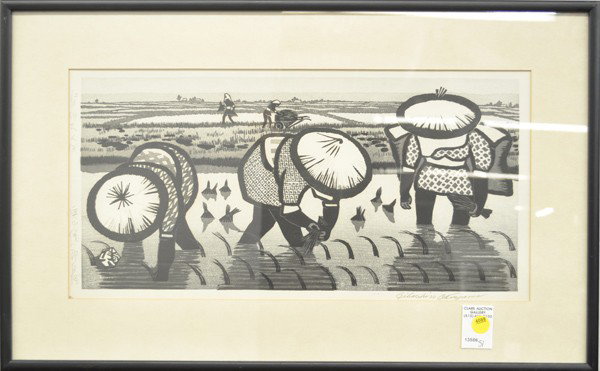 Japanese Modern Print, Okayama Gihachiro: Framed Japanese monochrome woodblock print, Edogawa tanbo (Fields at Edo River), circa 1950s, farmers transplanting rice seedlings, signed in pencil Gihachiro Okayama (1907-71) [in English on the bott