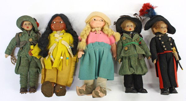 Doll group: (lot of 5) Doll group, including three felt Lenci dolls 9''h, and two Googly Eye style dolls, largest 12''h