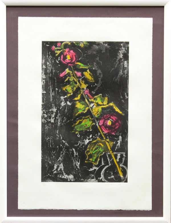 Etching, John Walker Hollyhocks, Floral: Framed mixed media etching, ''Hollyhocks,'' 2003, by John Walker (British, b. 1939), pencil signed, dated, and numbered edition ''23/200'' within lower margin, overall: 25''h x 19.25''w