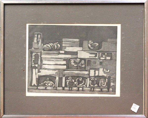 Prints, Denise Roberts, Jaime Andrade: (Lot of 2)Framed lithograph, Seated Figure, pencil signed ''Denise K. Roberts'' lower right, and a framed etching, Hiding Places, signed ''Jaime Andrade'' lower right, both American School, 20th centu