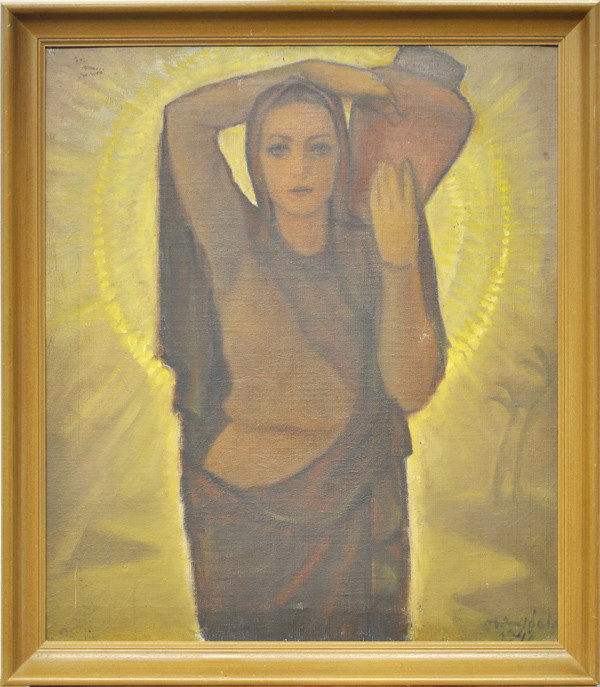 Painting, signed M. Antonia: Framed oil on board, Portrait of a Woman with a Jug on Her Shoulder, 1948, Continental School (20th century), signed and dated ''M. Antonia 1948'' lower right, overall: 28''h x 24.75''w