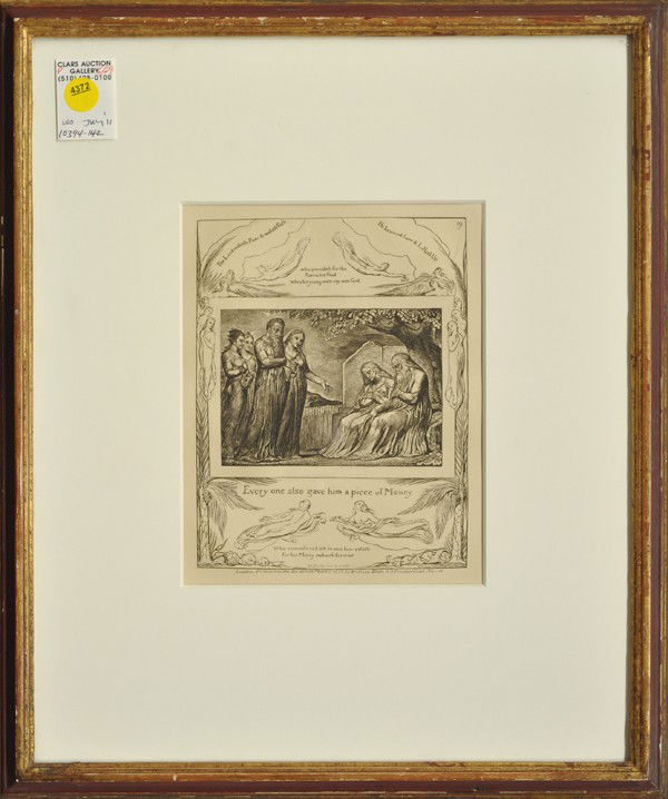 Print, after William Blake: Framed etching, ''Every one also gave him a piece of Money,'' after William Blake (British, 1757-1827), originally published in London (1825), 20th century reprint, overall: 15.5''h x 14.75''w