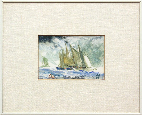 Paintings, Xavier Gonzalez, Seascape: (Lot of 2) Pair of framed oils on board, ''Welldleet Harbor'' and ''Sailboat Race off of Cape Cod,'' by Xavier Gonzalez (American, 1898-1993), initialed ''XG'' lower right, sight: 5''h x 7.5''w, overa