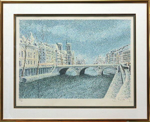 Lithographs, Serge Mandjisky, Paris: Pair of color lithographs, Parisian Scenes of the Seine, by Serge Mendjisky (French, b. 1929), each pencil signed and numbered within lower margin, overall: 25.75''h x 31.75''w each. Accompanied by a
