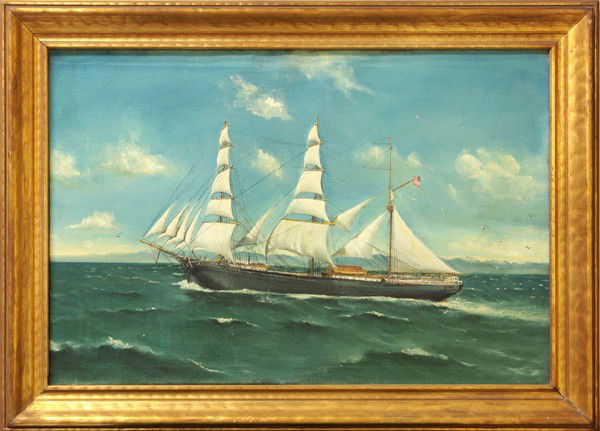 Painting, Ship Under Sail, American School 20th c: Framed oil on canvas, Ship Under Sail, American School (20th century), unsigned, overall: 22.25''h x 30''w