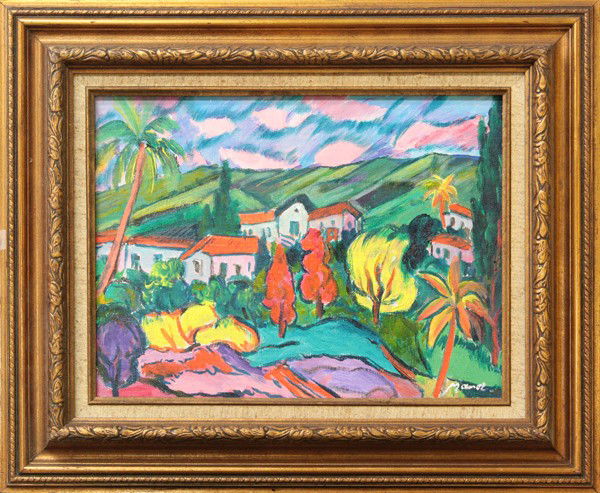 Painting, Manor Shadian, Valley Isle: Framed oil on canvas, ''Valley Isle,'' by Manor Shadian (Californian, b.1931), signed ''Manor'' lower right, signed and titled verso, overall: 19''h x 23.25''w