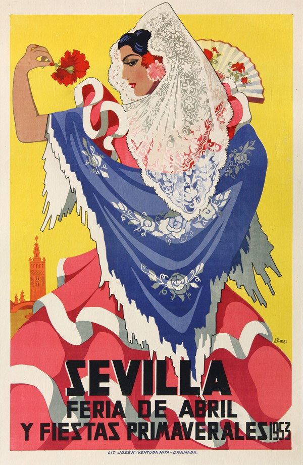 Serigraph, Jose M. Ventura, vintage travel poster: Unframed serigraph poster, ''Sevilla Feria de Abril y Fiestas Primaverales 1953,'' 1953, by Jose M. Ventura, overall: 40''h x 27.25''w