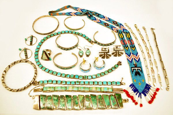 Lot of silver jewelry: Lot of silver jewelry; (4) silver link bracelets, (4) cuff bracelets with turquoise, (2) full bangle bracelets, (1) necklace, (3) bracelets (1) ring and (4) pairs of earrings