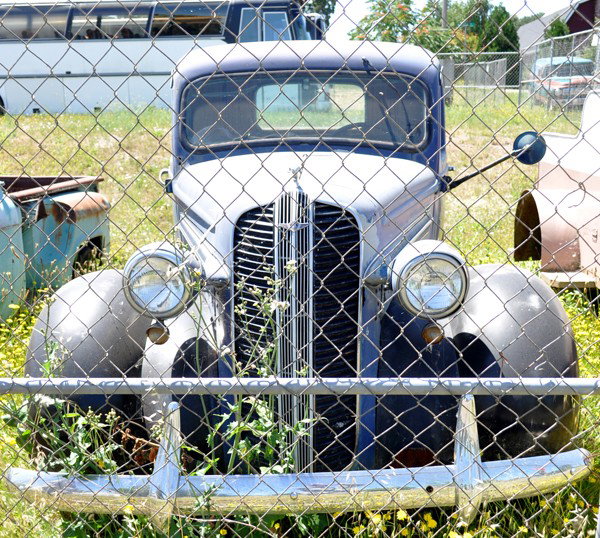 1937 Dodge Pickup: Circa 1937 Dodge Pickup, blue/black. Straight body, 235ci Chevrolet engine installed, appears complete and ready for restoration. Mexican carpet headliner installed in interior.