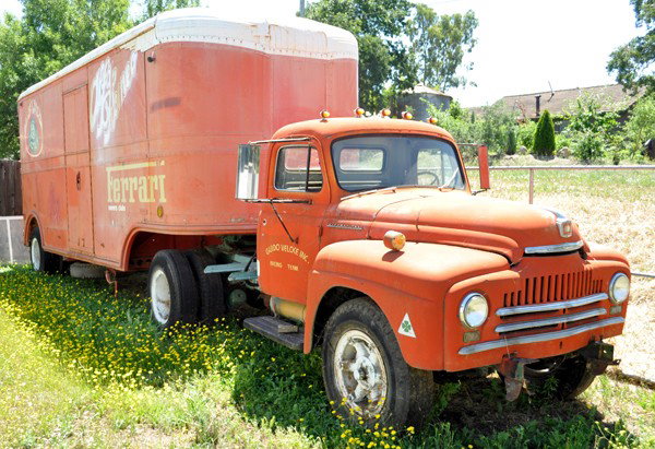 1950 International Truck & Trailer: 1950 International Truck and Trailer, red. Said to run, equipped with air brakes, front bumper missing, otherwise appears complete. Faded red racing team livery with ''Guido Veloce Racing Team'' logo 