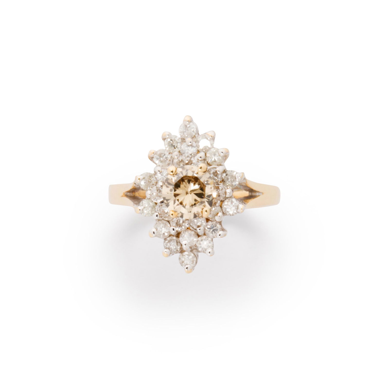 A champagne diamond, diamond and fourteen karat gold ring (1 of 2)