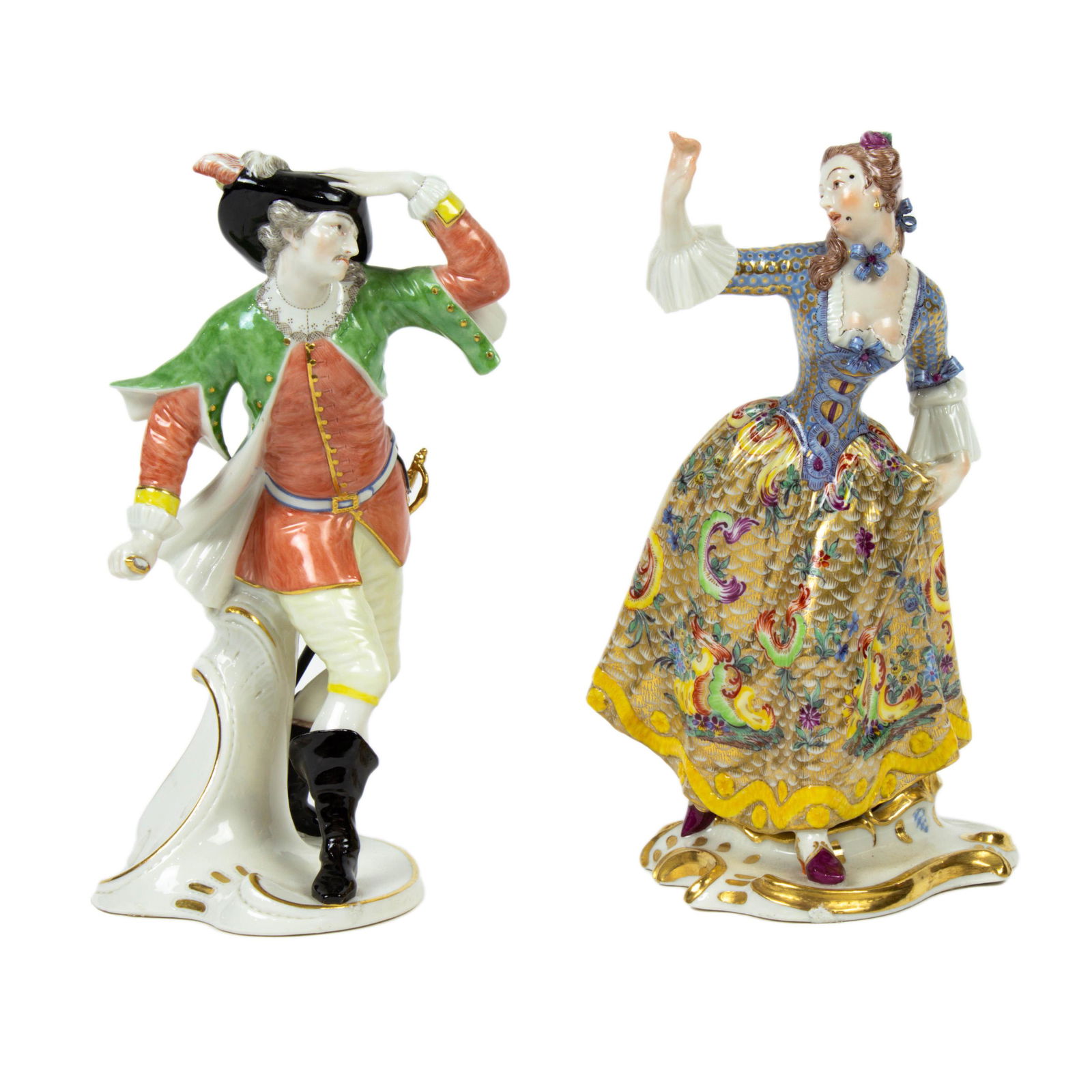 Nymphenburg porcelain Commedia dell'Arte Figures: A pair of Nymphenburg porcelain Commedia dell'Arte Figures of Capitano and Leda, after designs by Franz Anton Bustelli, impressed shield mark and model numbers, (Capitano with broken blade from hand),