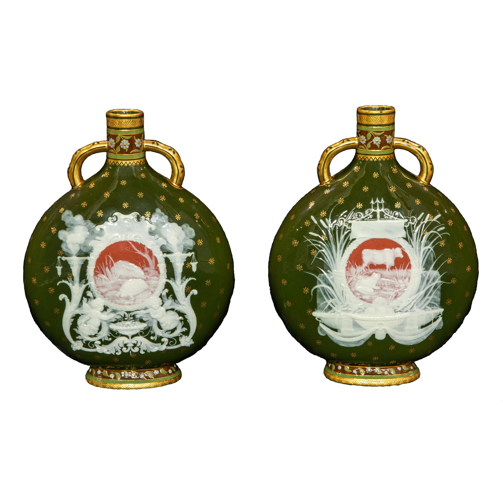 Minton porcelain pate-sur-pate Aesop's fables pilgrim flasks: A fine assembled pair of Minton porcelain pate-sur-pate Aesop's fables pilgrim flasks, last quarter 19th century, depicting the tortoise and hare, and the cow and frog, 'TR' artist's cipher attributed