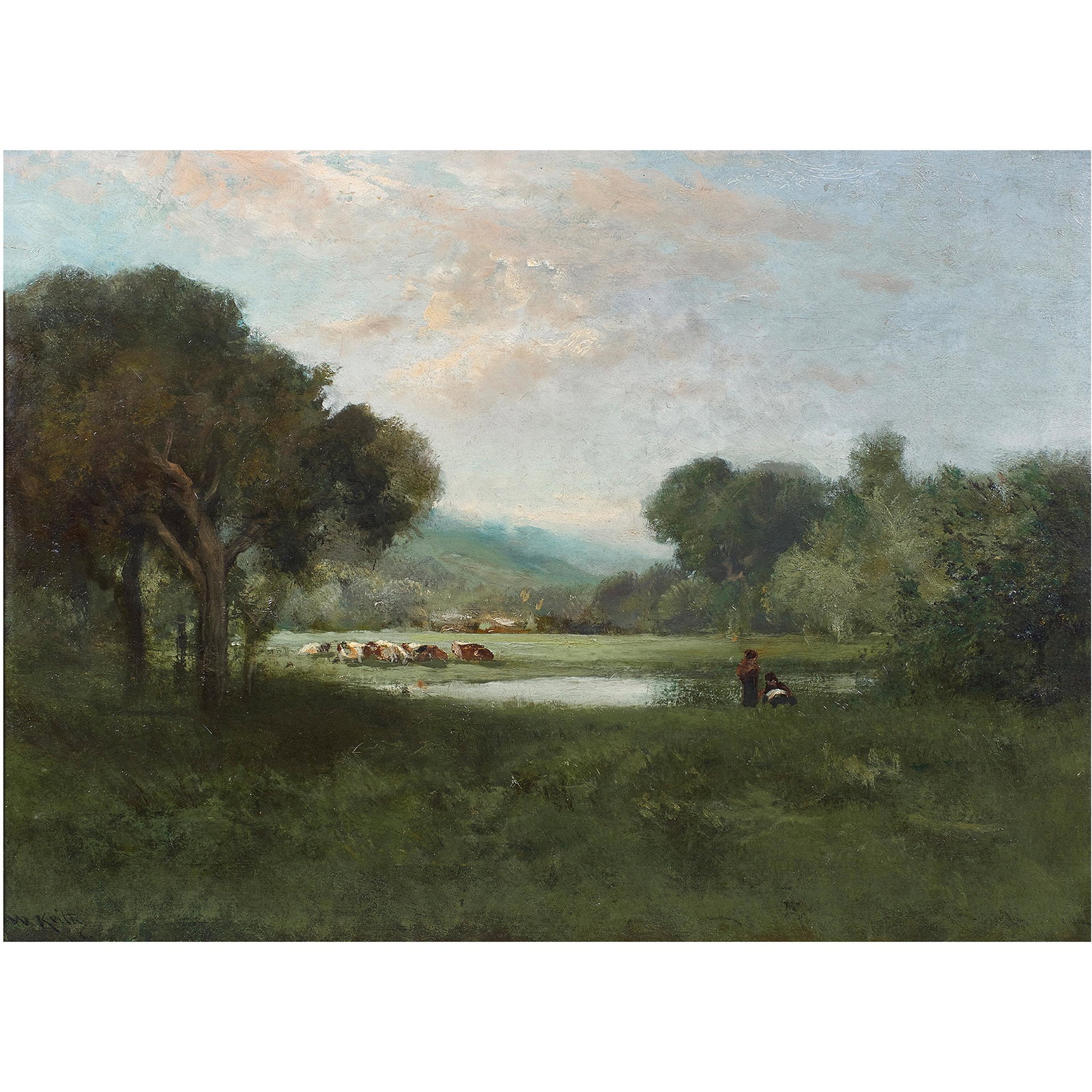 Painting, William Keith: William Keith (American, 1838-1911), Untitled (Cattle Grazing by a Pond with Figures), oil on canvas (laid down on board), signed lower left, board: 22"h x 30"w, overall (with frame): 27"h x 35"w