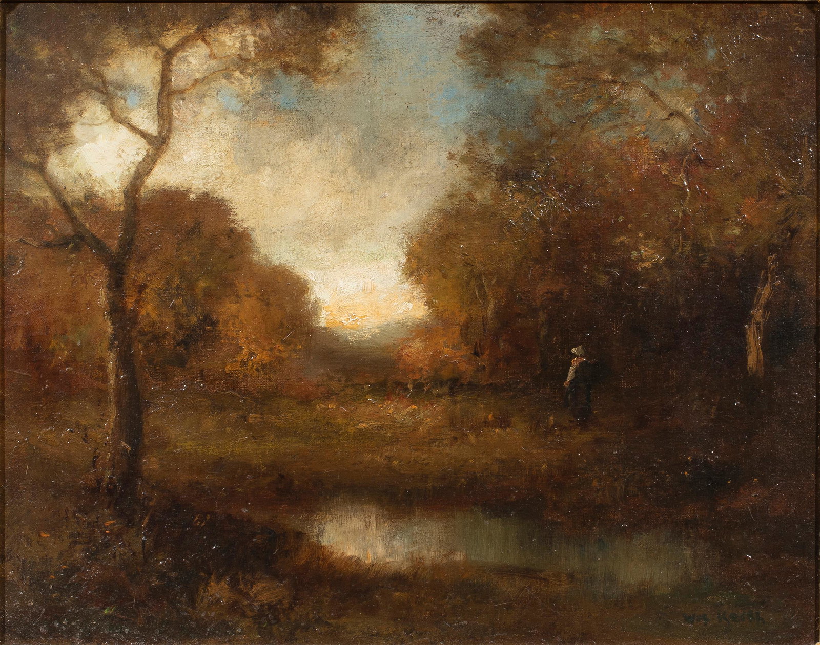 Painting, William Keith: William Keith (American, 1838-1911), Untitled (Wooded Clearing with Figure by a Pond), oil on canvas (laid down on board), signed lower right, board: 15"h x 19"w, overall (with frame): 22"h x 26"w