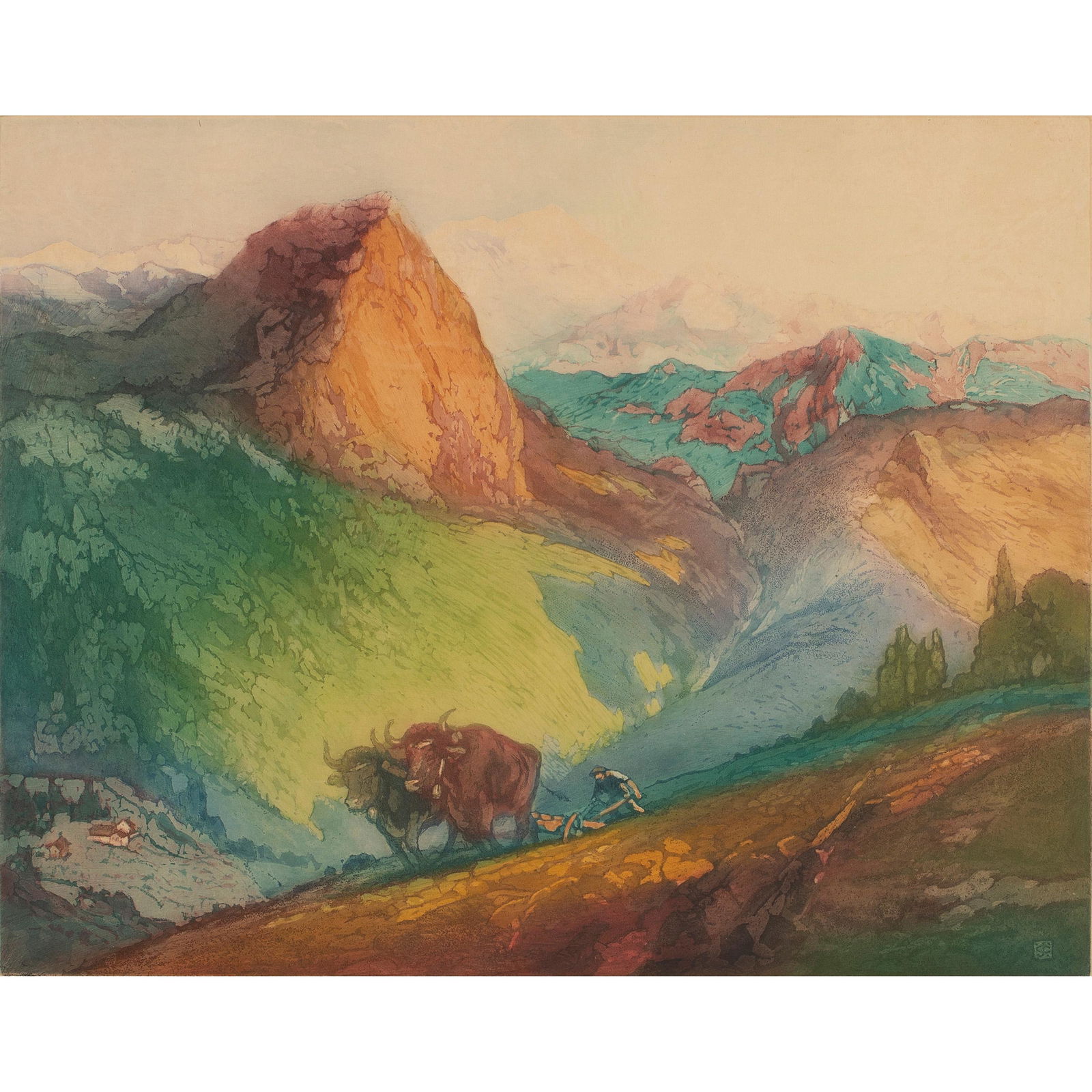 Print, John Wesley Cotton: John Wesley Cotton (American, 1868-1931), "Toilers of the Pyrannes," circa 1912, soft ground etching with aquatint in colors, pencil signed lower right, edition 26/100, image: 13.75"h x 17.75"w, overa