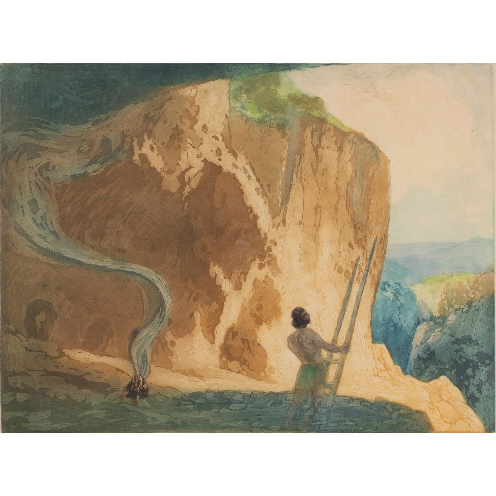 Print, John Wesley Cotton: John Wesley Cotton (American, 1868-1931), "Ceremonial Cave," softground etching with aquatint in colors, pencil signed lower right, edition 12/25, image: 14.75"h x 19.75"w, overall (with frame): 24.5"