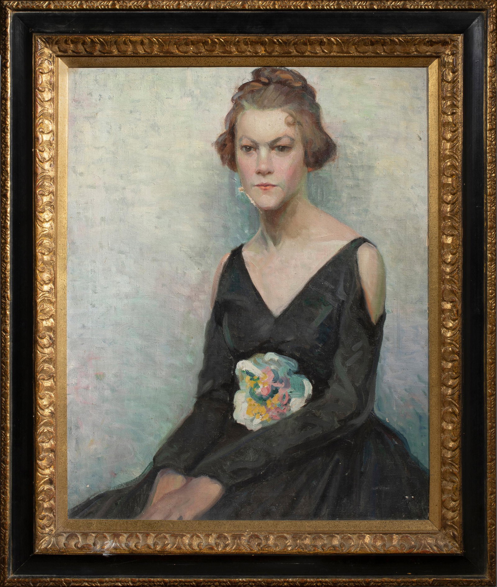 Painting, American School: American School (20th century), Portrait of a Woman, oil on canvas, signed indistinctly verso, overall (with frame): 38"h x 32"w