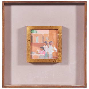 Work on paper, Richard Haines: Richard Haines (American, 1906-1084), "Three Children Outside the Pueblo," gouache on prepared paper, unsigned, gallery label (Sullivan Gross, Santa Barbara, CA) affixed verso, sight: 4"h x 3.75"w,