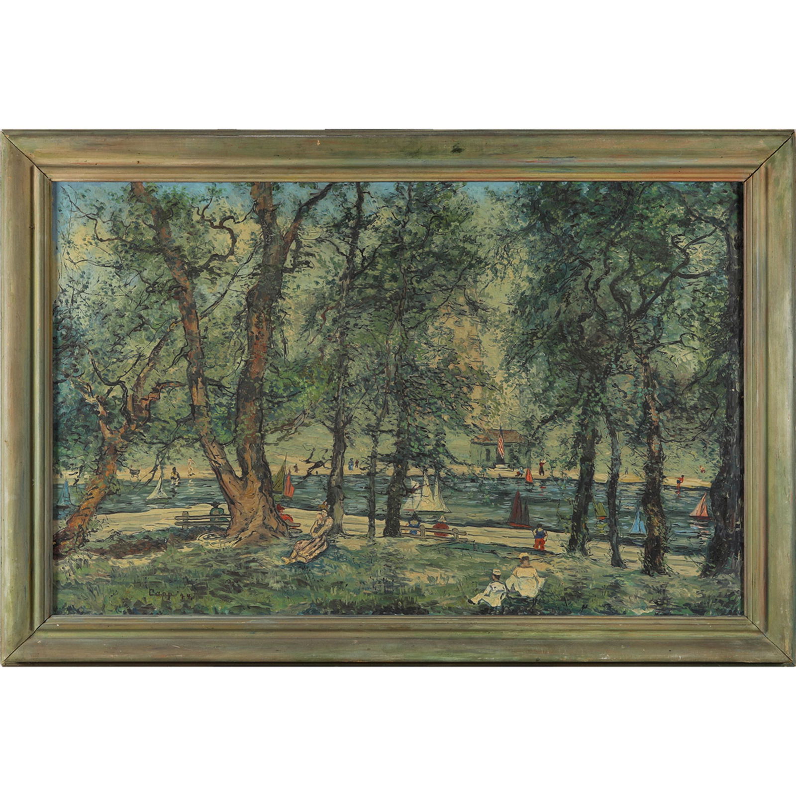 Painting, Al Capp: Al Capp (American, 1909-1979), Untitled (Leisure Scene), 1944, oil on canvas, signed and dated lower left, canvas: 24"h x 38"w, overall (with frame): 29"h x 43.5"w