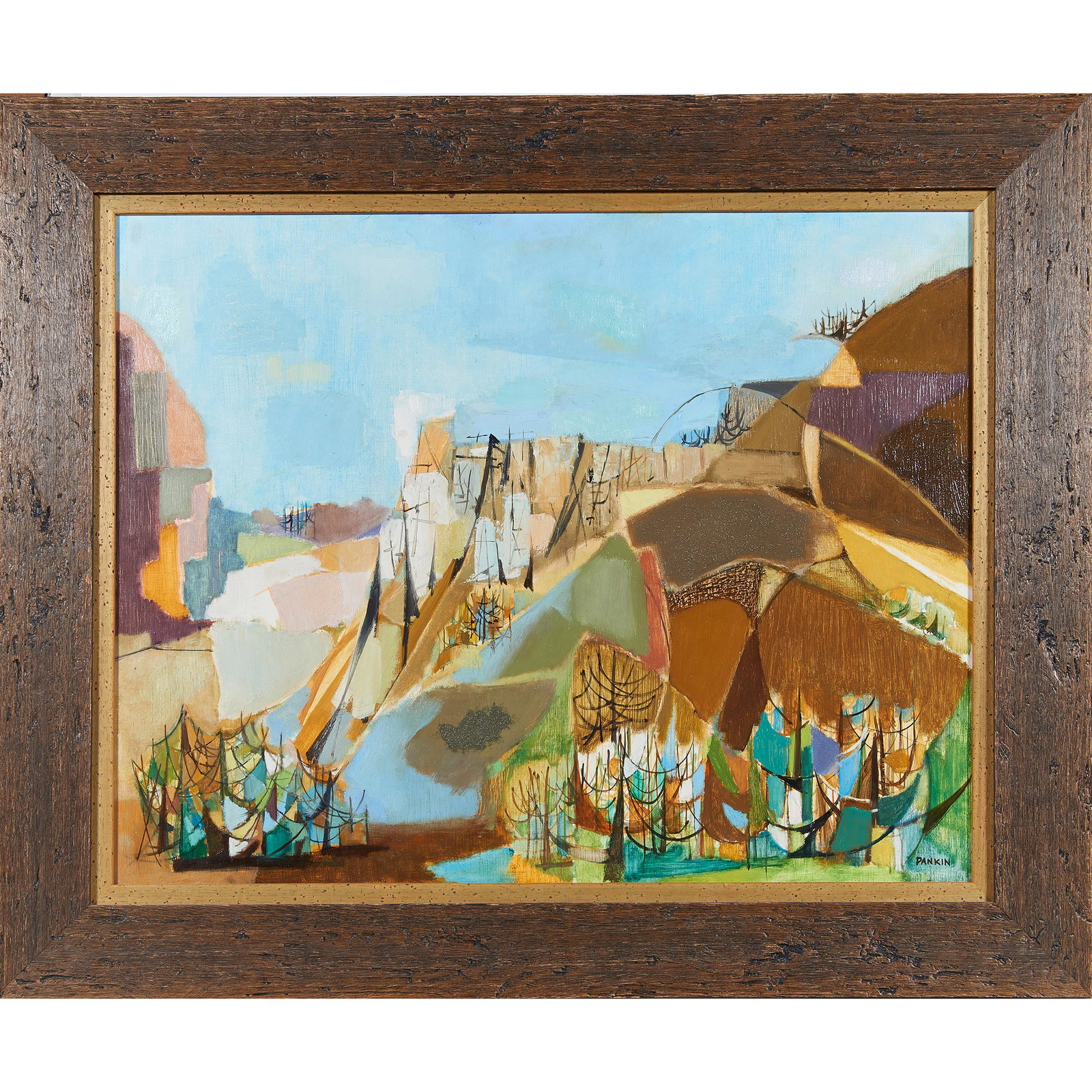 Painting, American School: American School (20th century), Abstract Landscape, oil on board, signed "Pankin" lower right, overall (with frame): 31.5"h x 37.5"w
