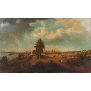 Painting, Alexander Robertson: Alexander Robertson (American, 1774-1841), View of Albany from North with Robert Fulton's Steamboat North River later Clermont, 1807, oil on canvas, canvas (unframed): 25.5"h x 41"w. Provenance: