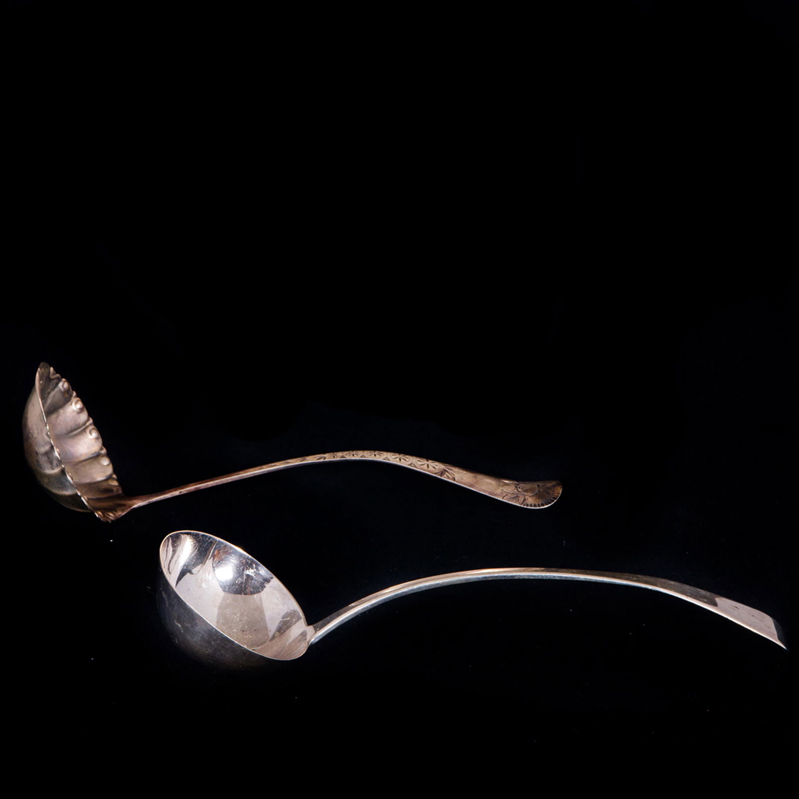 (Lot of 2) Sterling ladles: George IV ladle, Sarah & Wm Blake & Gorham Acanthus: (Lot of 2) Sterling ladles: George IV ladle, Sarah & William Blake, London, circa 1822, 13"l; and an Aesthetic Movement Gorham Acanthus ladle, circa 1889, 11"h, 10 toz