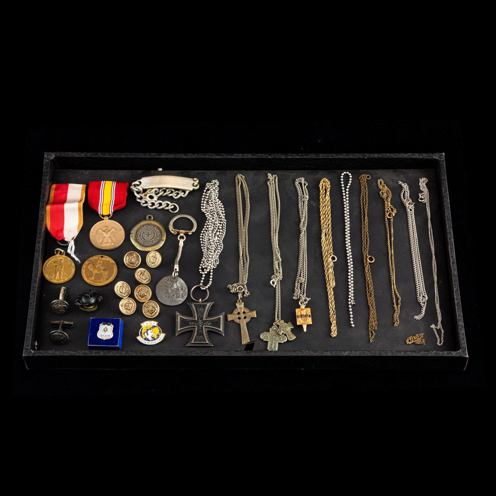 (Lot of 15) Collection of medals, pins, buttons, necklaces and cufflinks, including medals for the (1 of 1)