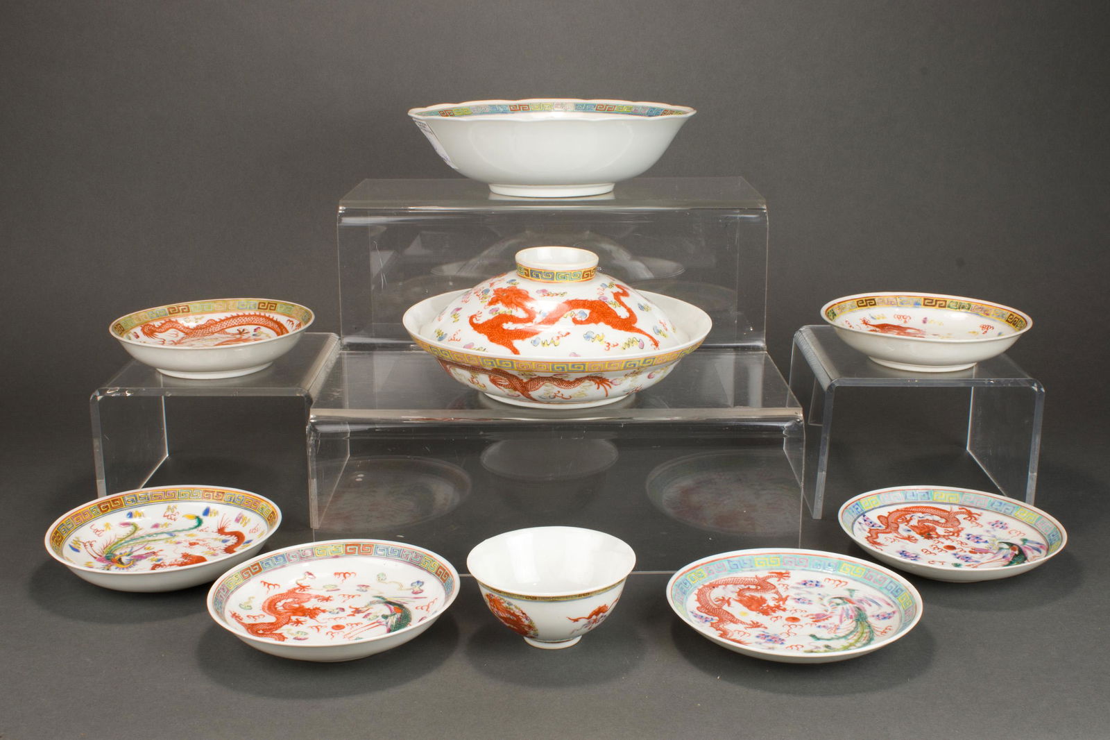 (lot of 9) Chinese famille rose 'dragon and phoenix' wares (1 of 2)