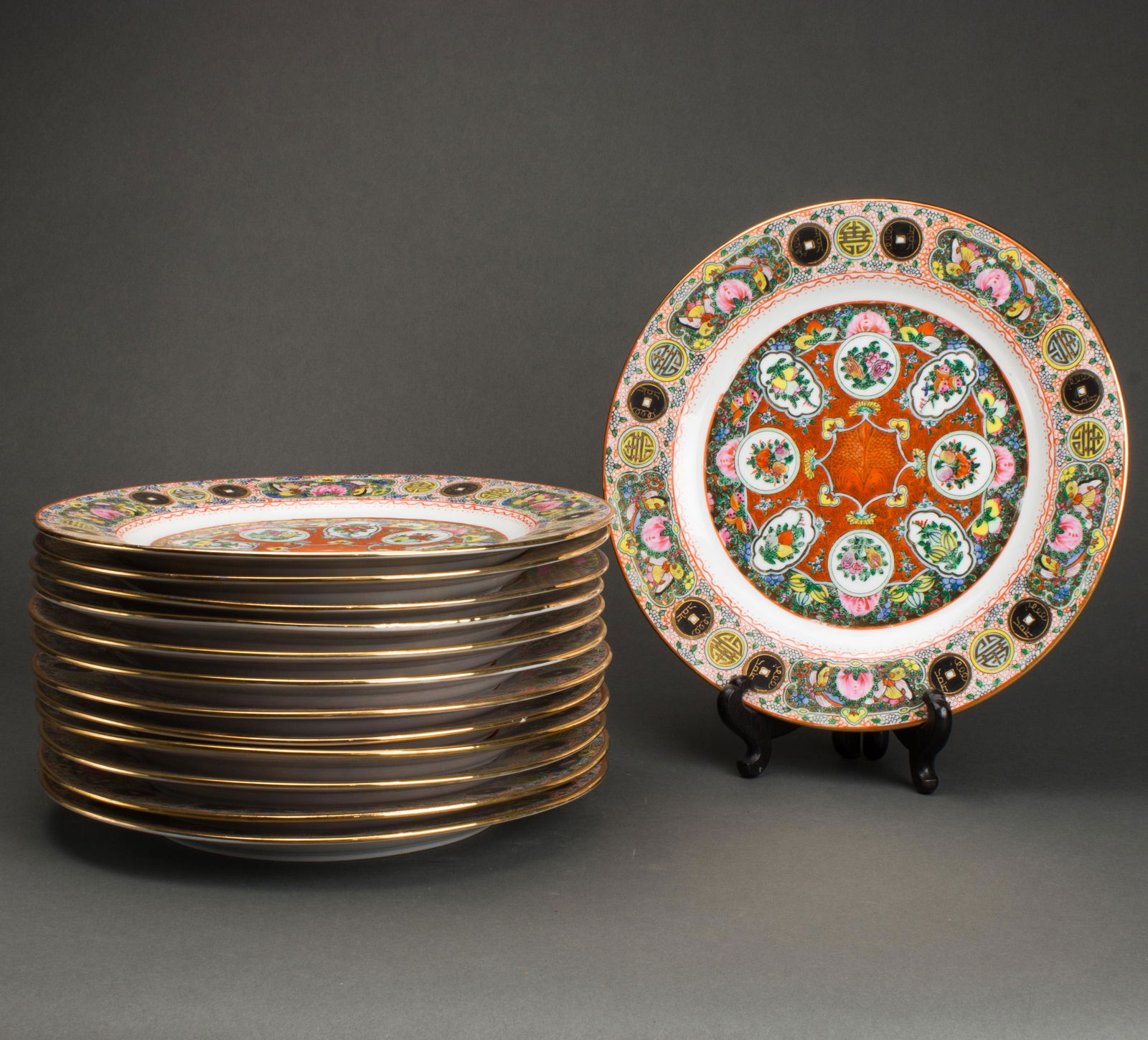 (lot of 13) Chinese Canton rose medallion dishes (1 of 2)